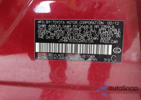 2012 Lexus Es 350 from USA, damaged, VIN JTHBK1EG7C2492726